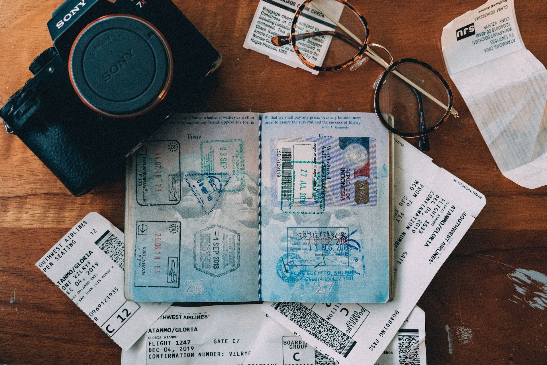 Passport, plane tickets, camera, glasses and receipts